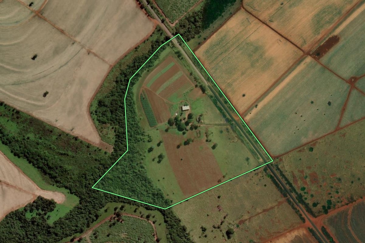 Imagem de satélite do imóvel rural em Urânia (SP), com o contorno declarado no CAR desenhado por cima.