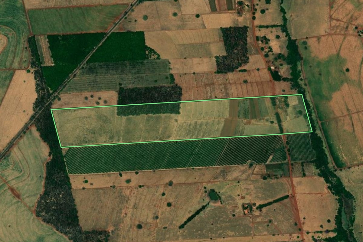 Imagem de satélite do imóvel rural em Urânia (SP), com o contorno declarado no CAR desenhado por cima.