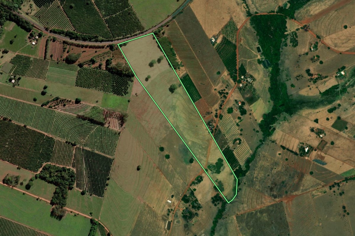 Imagem de satélite do imóvel rural em Urânia (SP), com o contorno declarado no CAR desenhado por cima.