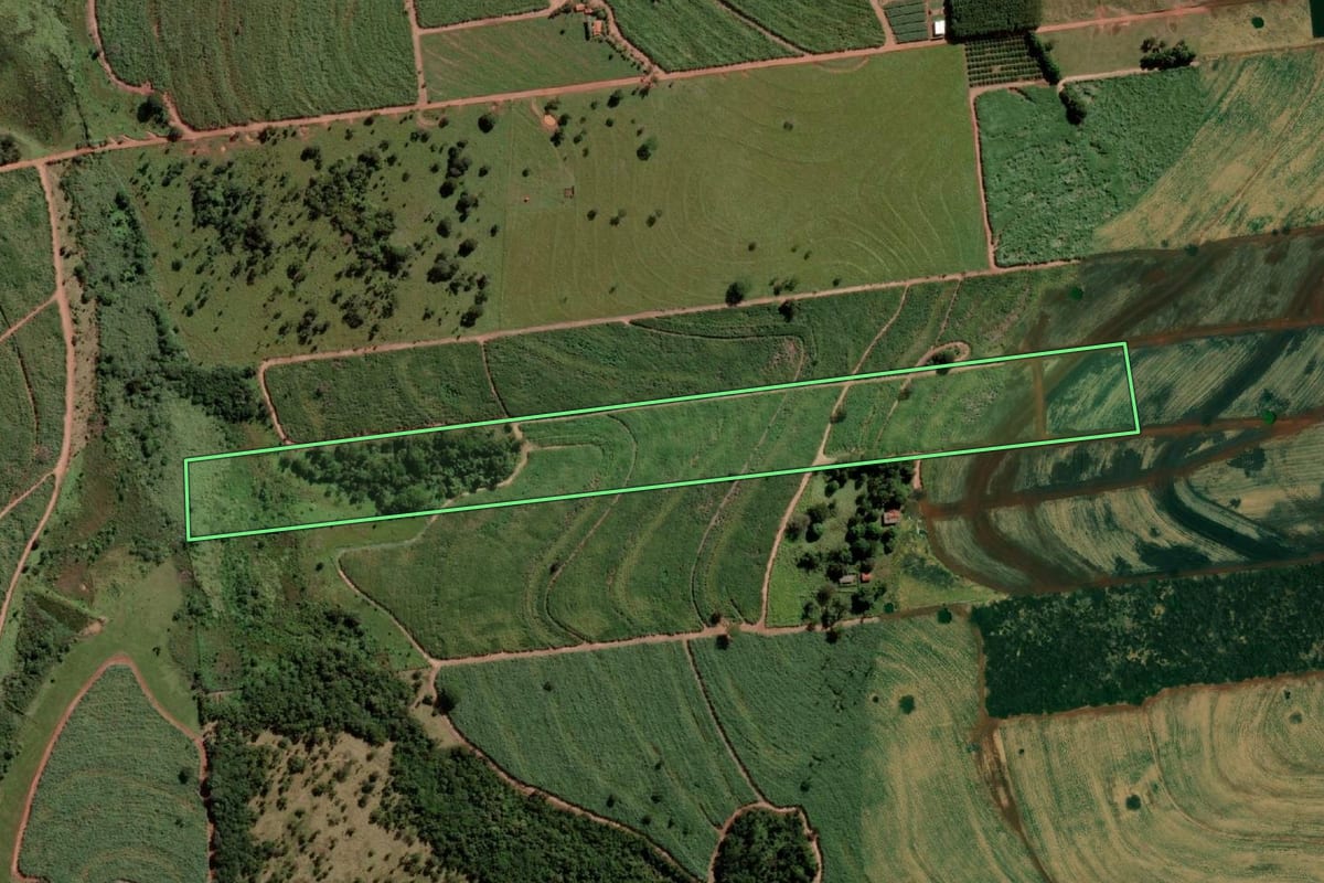 Imagem de satélite do imóvel rural em Urânia (SP), com o contorno declarado no CAR desenhado por cima.