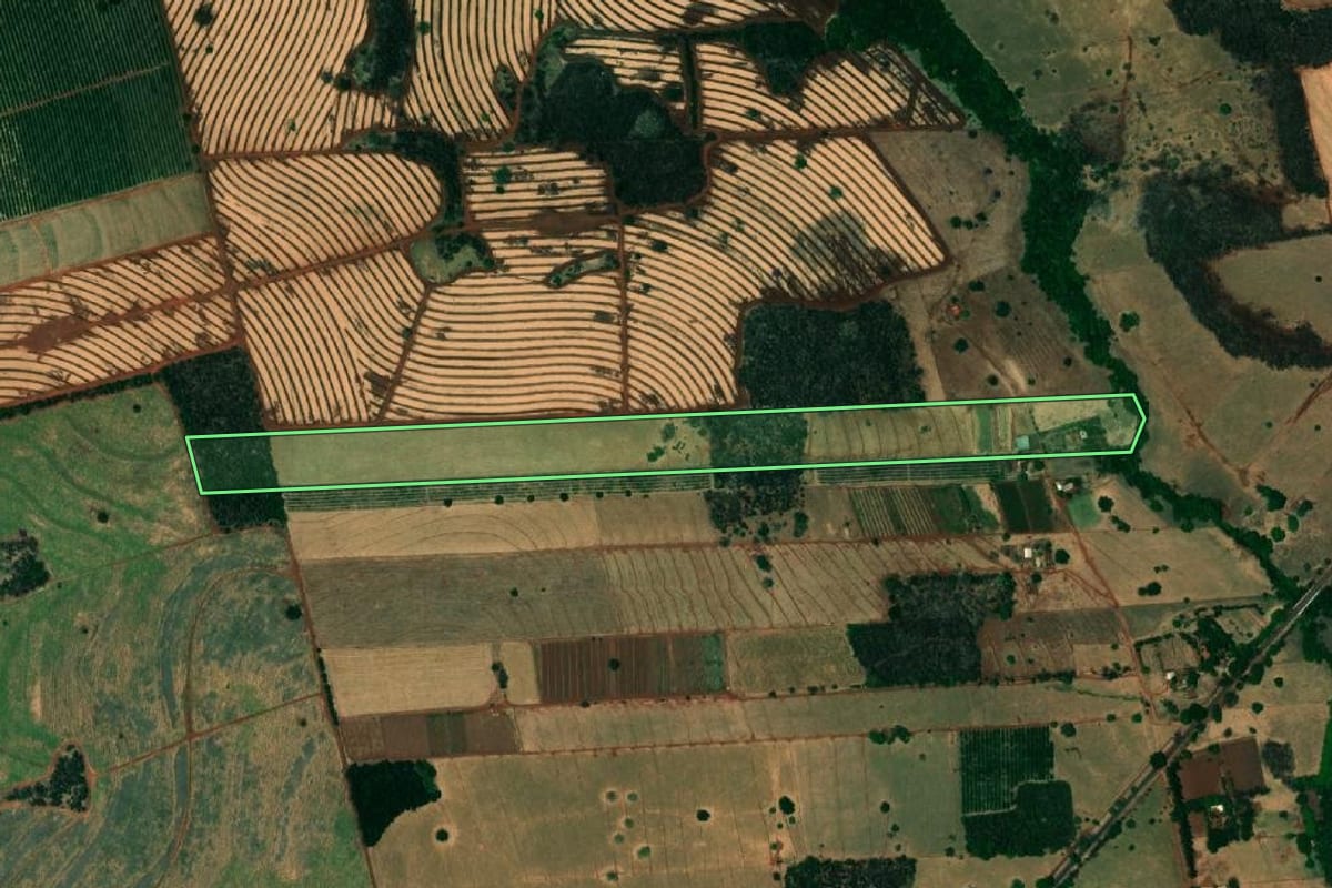 Imagem de satélite do imóvel rural em Urânia (SP), com o contorno declarado no CAR desenhado por cima.