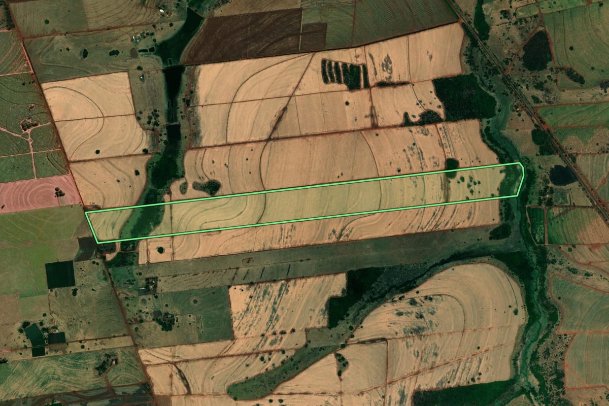 Imagem de satélite do imóvel rural em Urânia (SP), com o contorno declarado no CAR desenhado por cima.