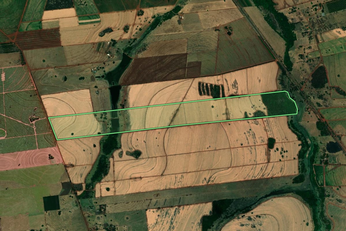 Imagem de satélite do imóvel rural em Urânia (SP), com o contorno declarado no CAR desenhado por cima.