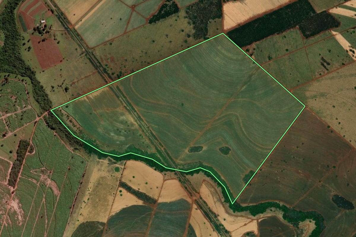 Imagem de satélite do imóvel rural em Urânia (SP), com o contorno declarado no CAR desenhado por cima.