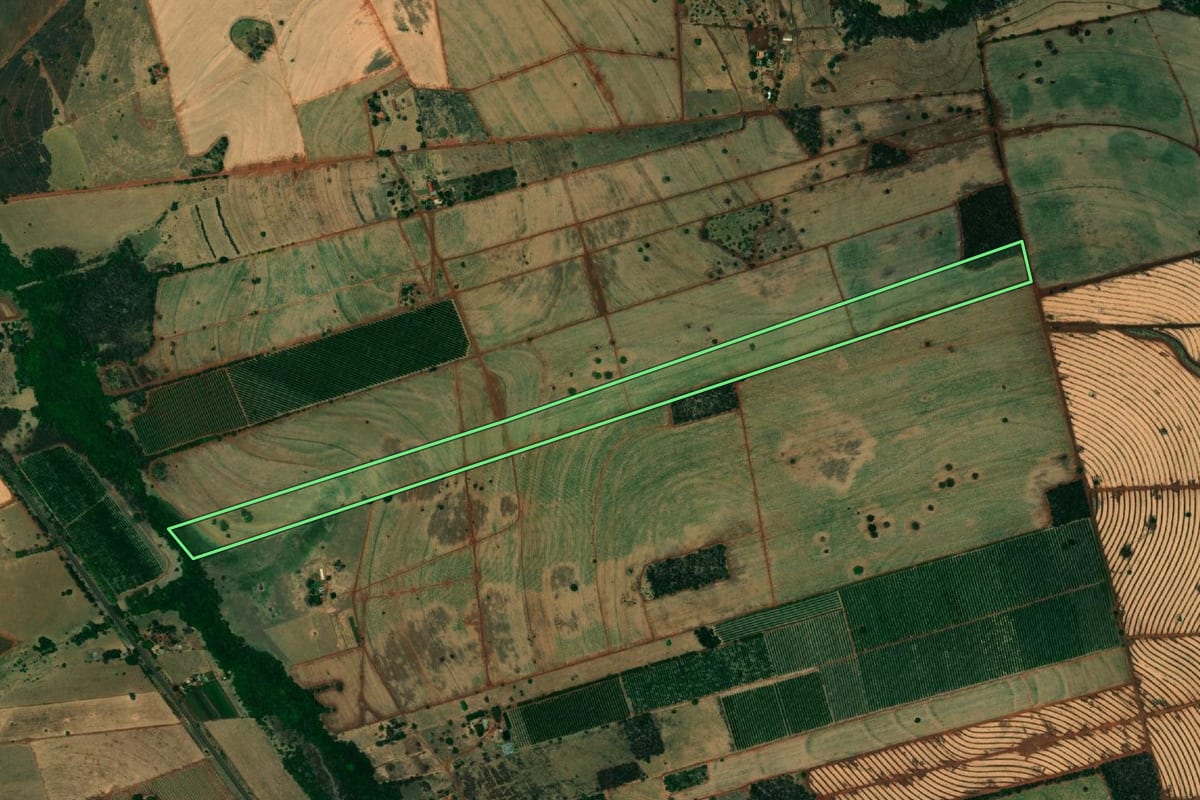 Imagem de satélite do imóvel rural em Urânia (SP), com o contorno declarado no CAR desenhado por cima.