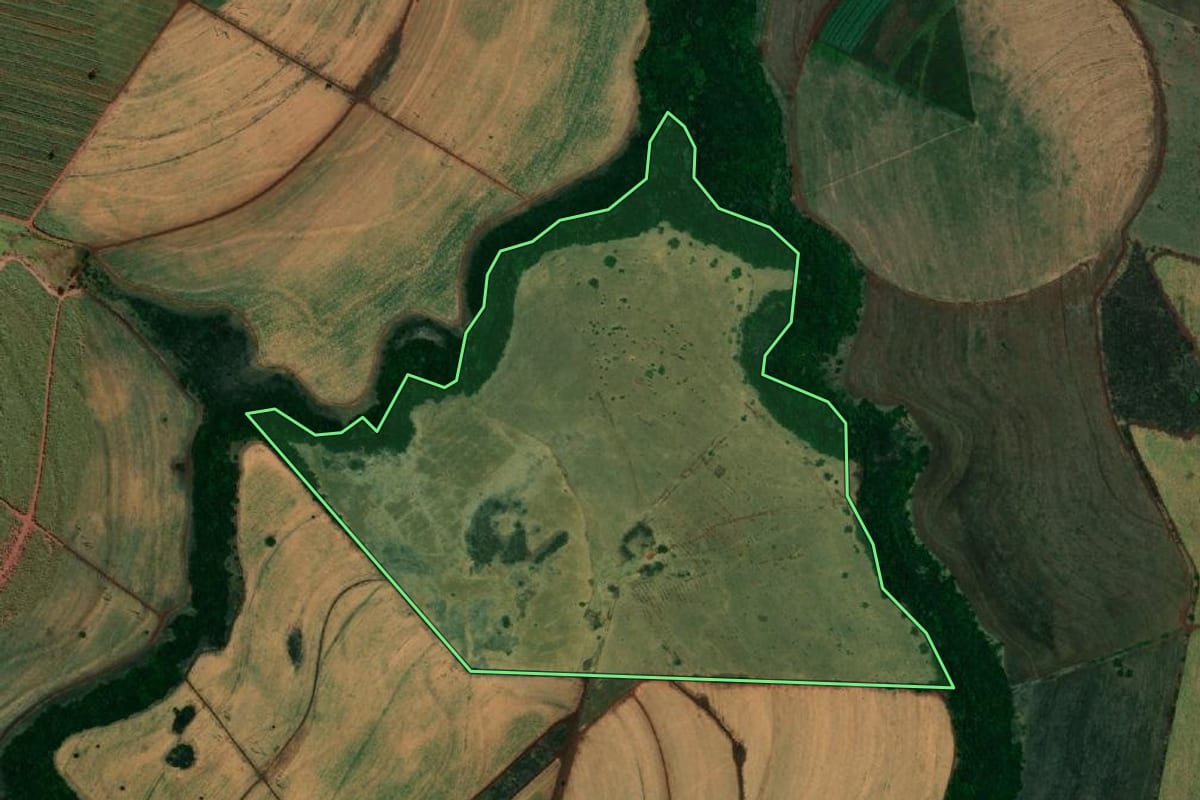 Imagem de satélite do imóvel rural em Urânia (SP), com o contorno declarado no CAR desenhado por cima.