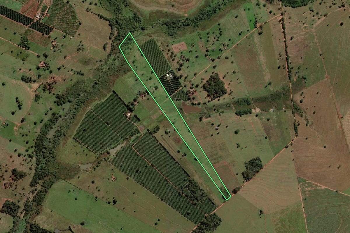 Imagem de satélite do imóvel rural em Urânia (SP), com o contorno declarado no CAR desenhado por cima.