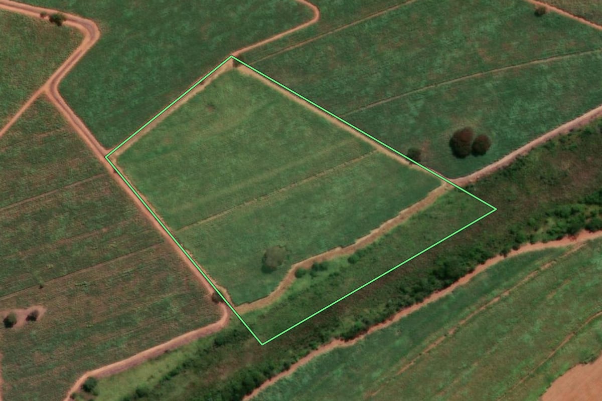 Imagem de satélite do imóvel rural em Urupês (SP), com o contorno declarado no CAR desenhado por cima.