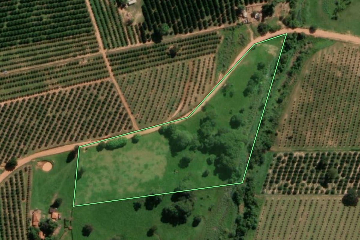 Imagem de satélite do imóvel rural em Urupês (SP), com o contorno declarado no CAR desenhado por cima.