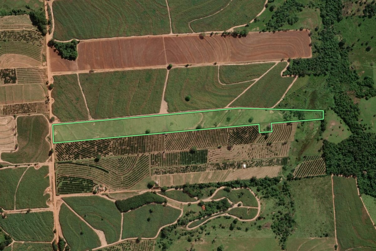 Imagem de satélite do imóvel rural em Urupês (SP), com o contorno declarado no CAR desenhado por cima.
