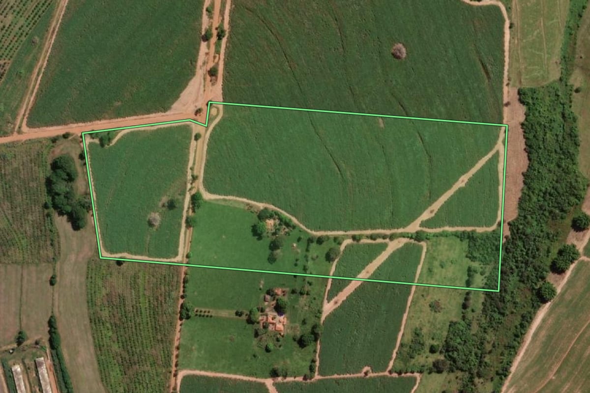 Imagem de satélite do imóvel rural em Urupês (SP), com o contorno declarado no CAR desenhado por cima.