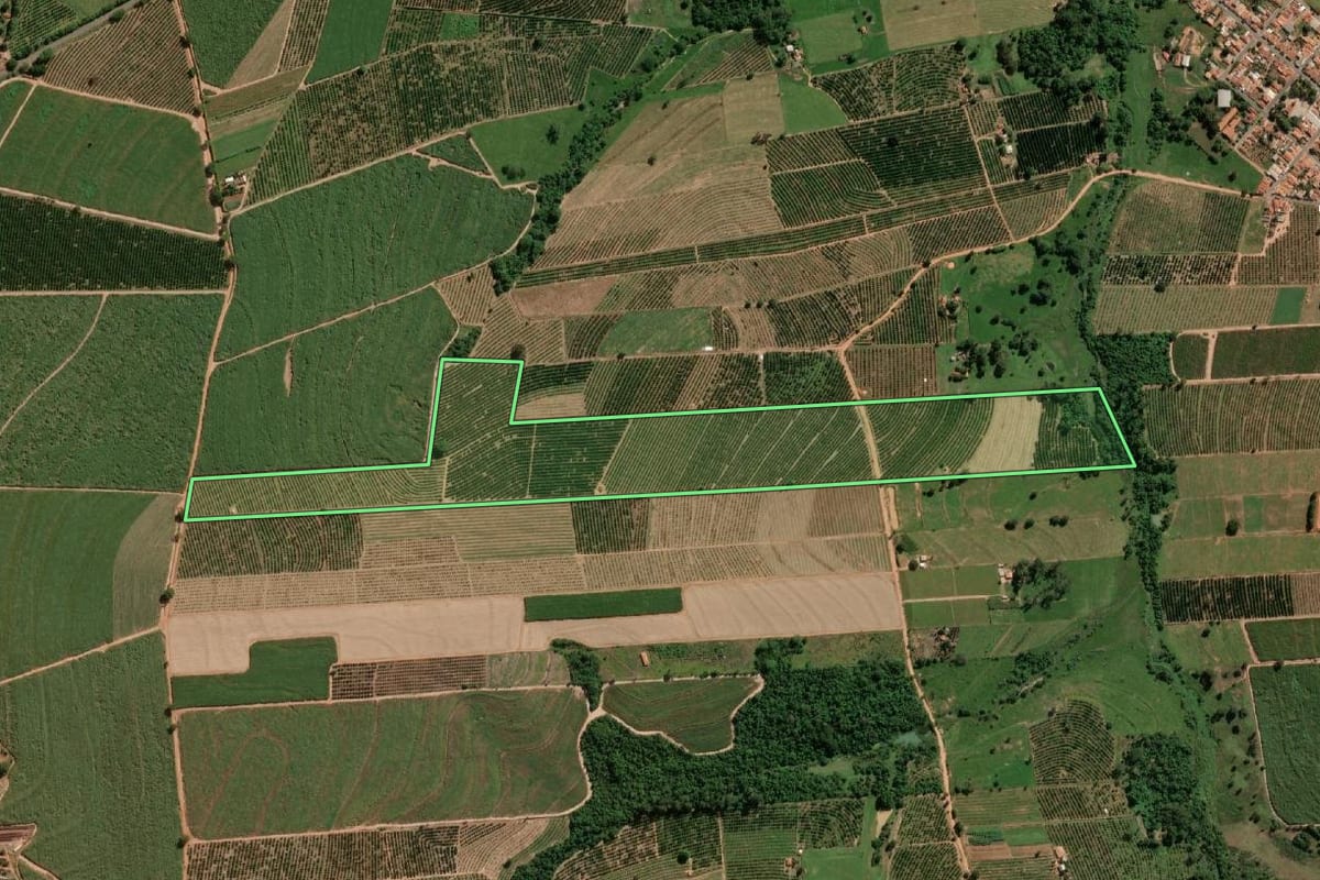 Imagem de satélite do imóvel rural em Urupês (SP), com o contorno declarado no CAR desenhado por cima.