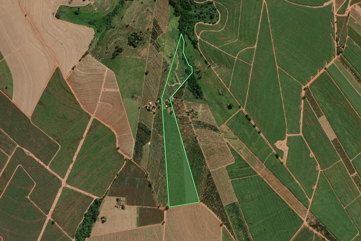 Imagem de satélite do imóvel rural em Urupês (SP), com o contorno declarado no CAR desenhado por cima.