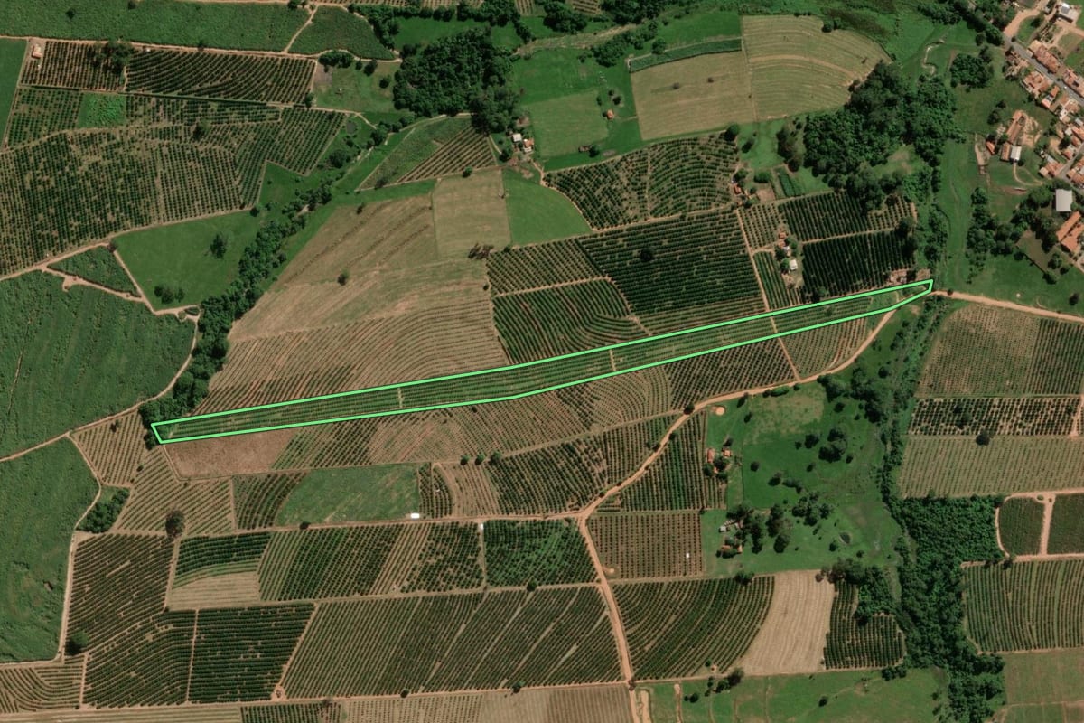 Imagem de satélite do imóvel rural em Urupês (SP), com o contorno declarado no CAR desenhado por cima.