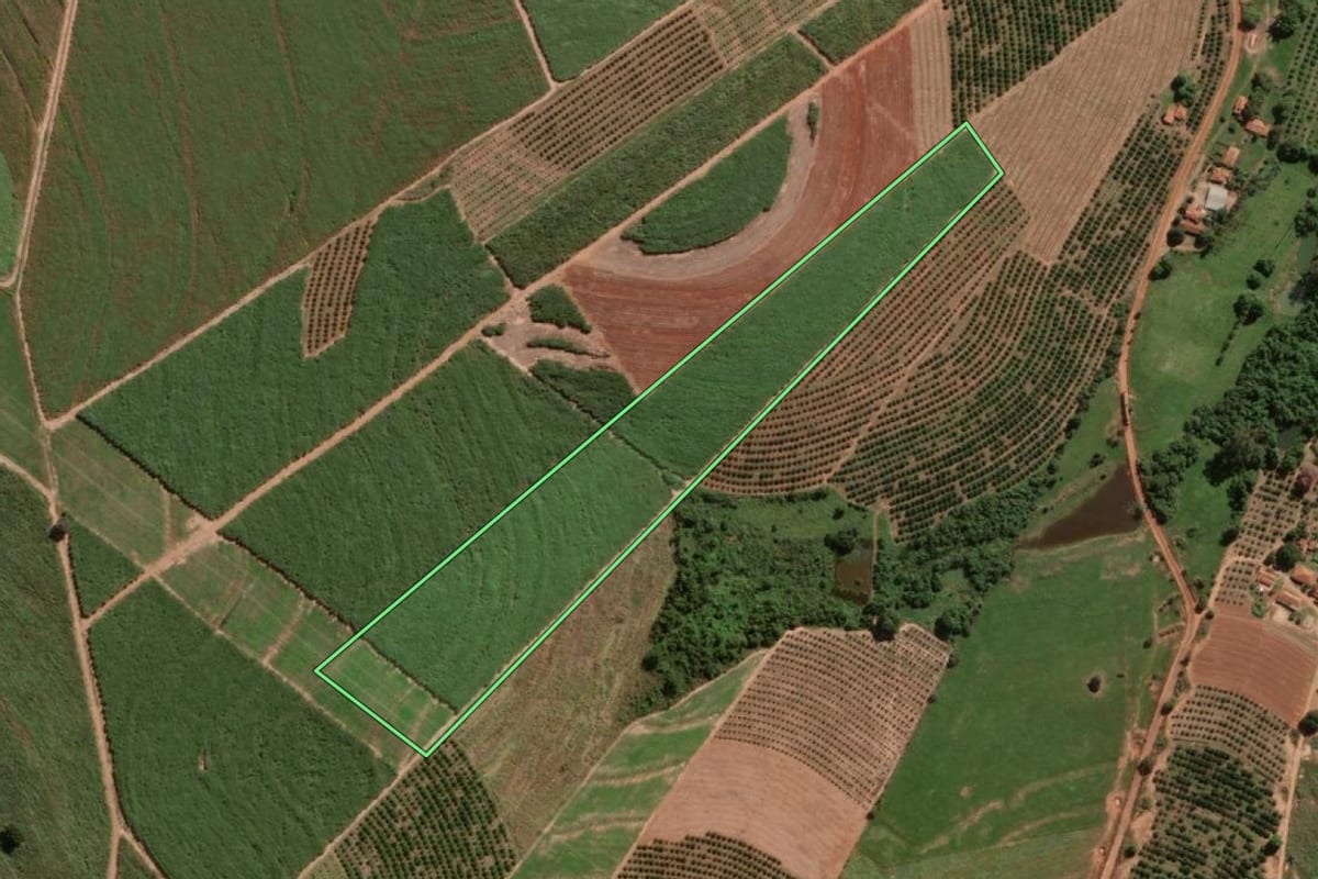 Imagem de satélite do imóvel rural em Urupês (SP), com o contorno declarado no CAR desenhado por cima.