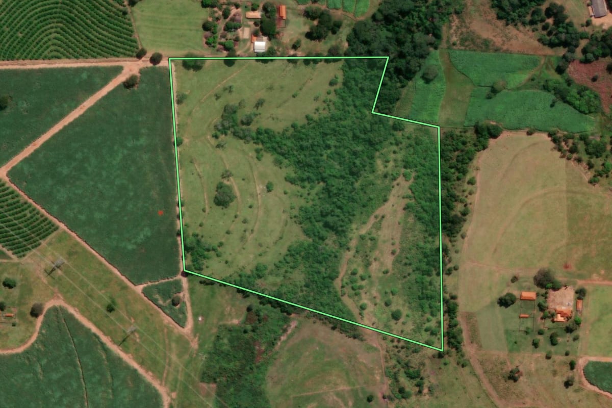 Imagem de satélite do imóvel rural em Urupês (SP), com o contorno declarado no CAR desenhado por cima.