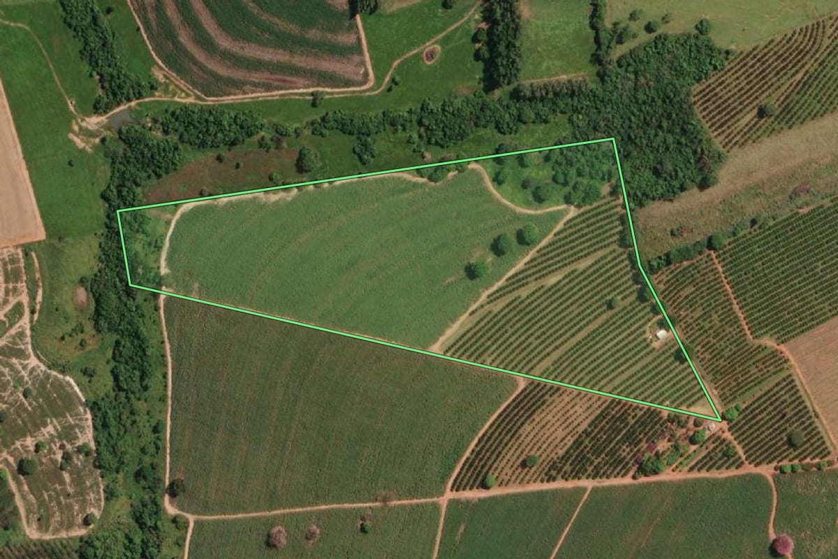 Imagem de satélite do imóvel rural em Urupês (SP), com o contorno declarado no CAR desenhado por cima.