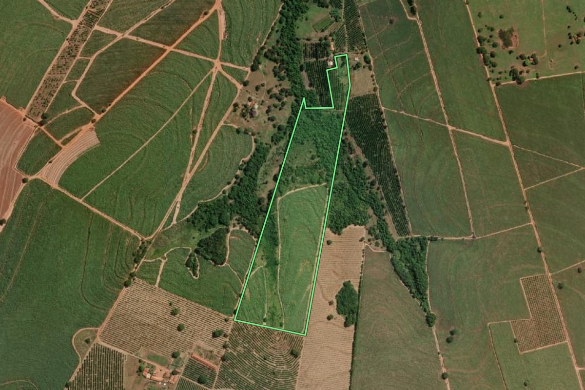 Imagem de satélite do imóvel rural em Urupês (SP), com o contorno declarado no CAR desenhado por cima.