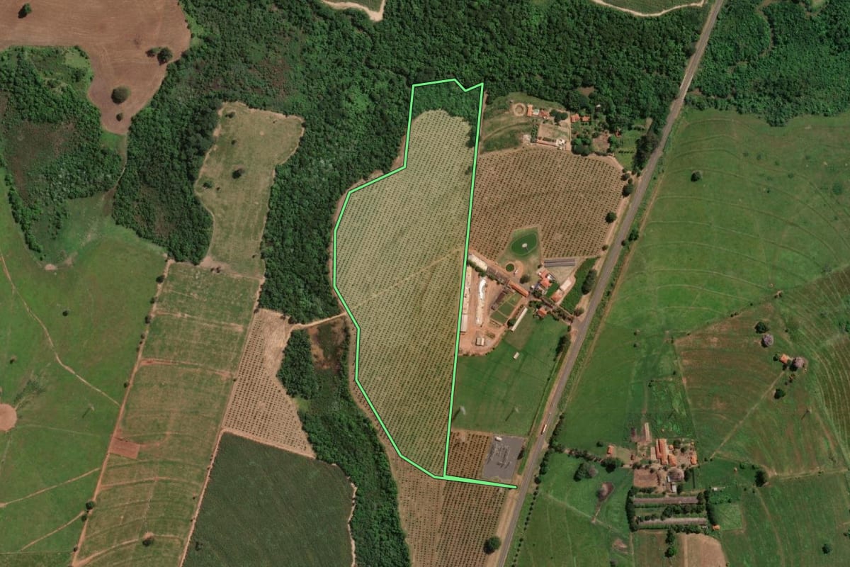 Imagem de satélite do imóvel rural em Urupês (SP), com o contorno declarado no CAR desenhado por cima.