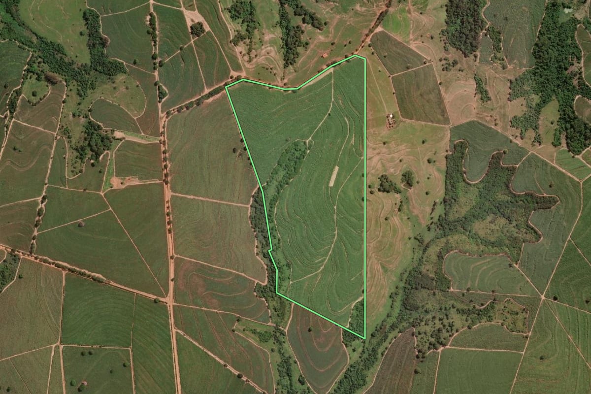 Imagem de satélite do imóvel rural em Urupês (SP), com o contorno declarado no CAR desenhado por cima.