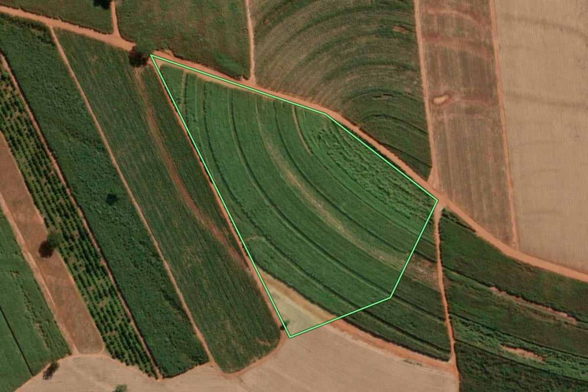 Imagem de satélite do imóvel rural em Urupês (SP), com o contorno declarado no CAR desenhado por cima.