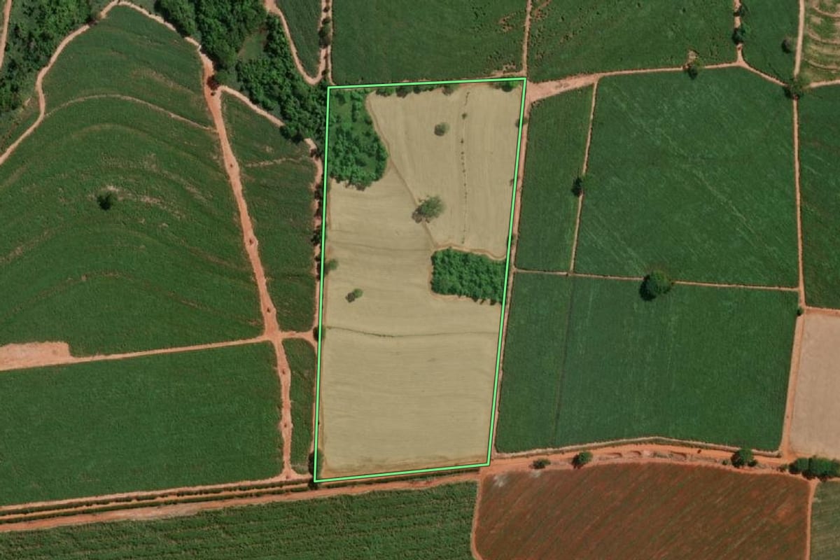 Imagem de satélite do imóvel rural em Urupês (SP), com o contorno declarado no CAR desenhado por cima.