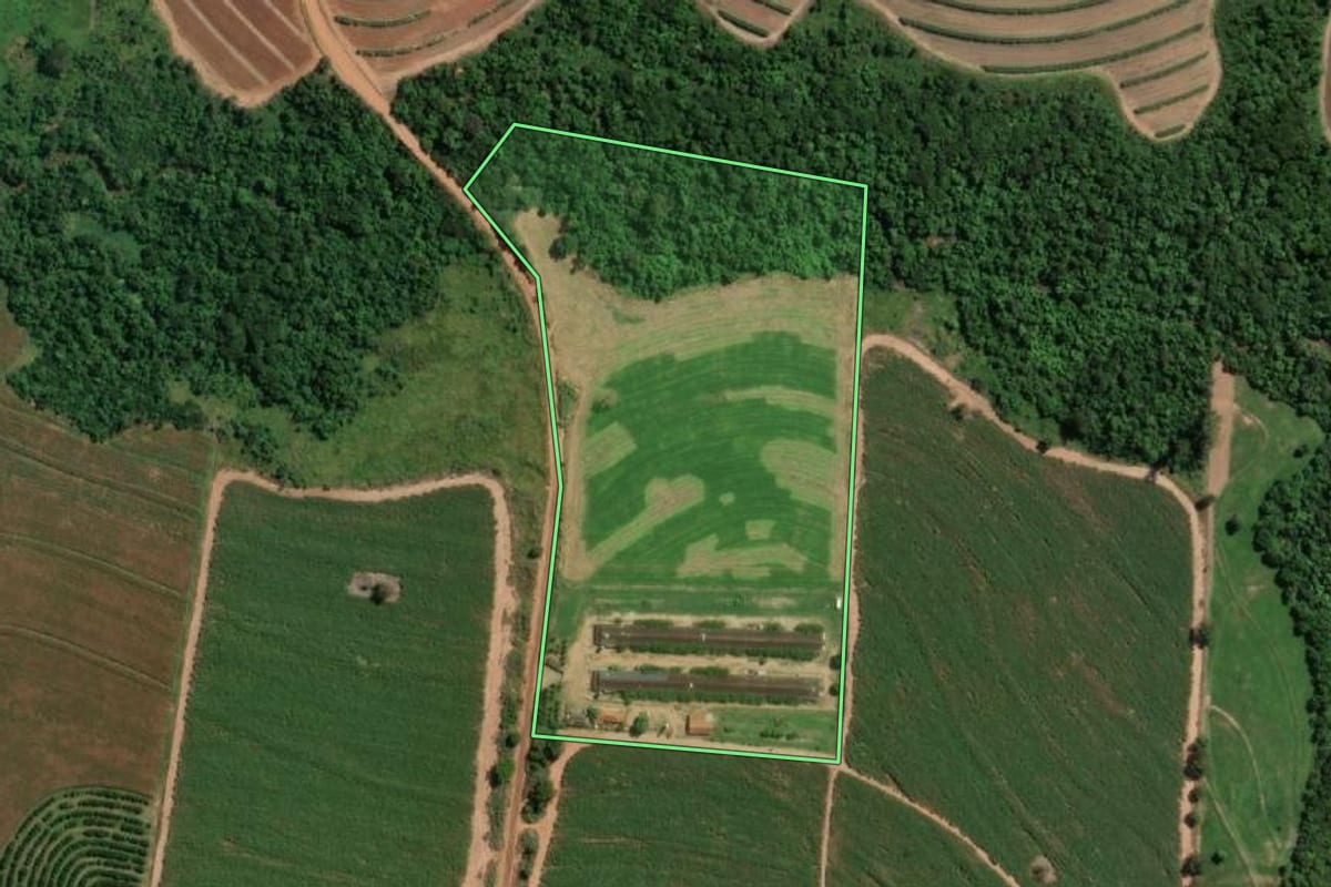Imagem de satélite do imóvel rural em Urupês (SP), com o contorno declarado no CAR desenhado por cima.