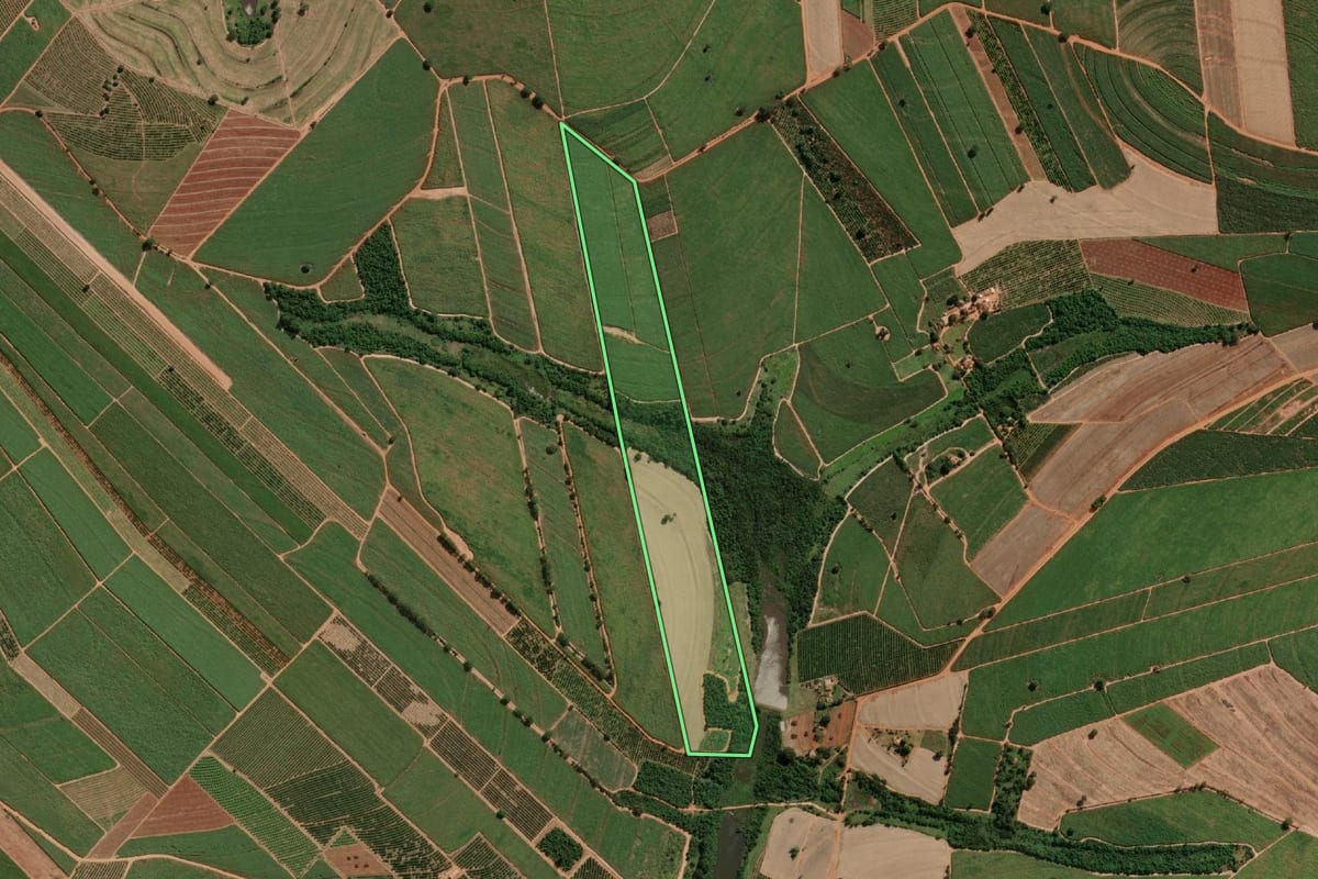 Imagem de satélite do imóvel rural em Urupês (SP), com o contorno declarado no CAR desenhado por cima.