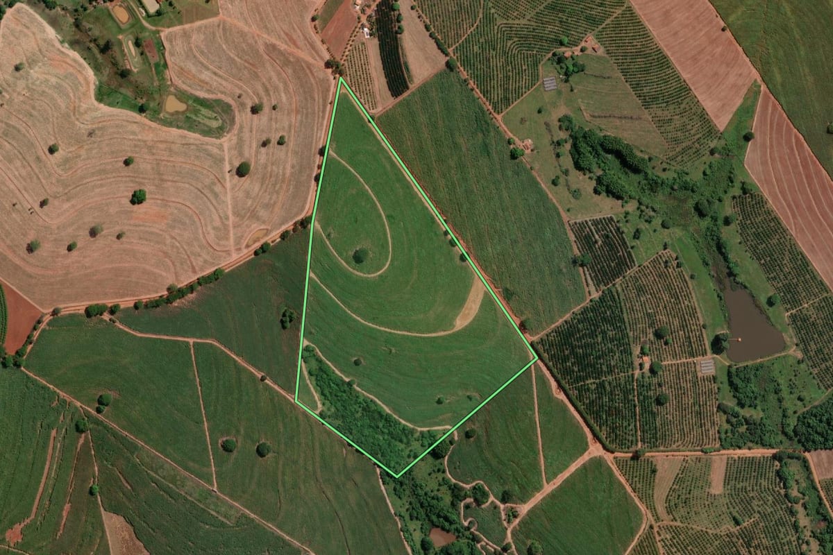 Imagem de satélite do imóvel rural em Urupês (SP), com o contorno declarado no CAR desenhado por cima.