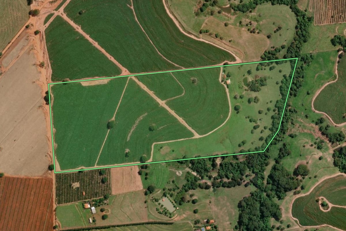 Imagem de satélite do imóvel rural em Urupês (SP), com o contorno declarado no CAR desenhado por cima.