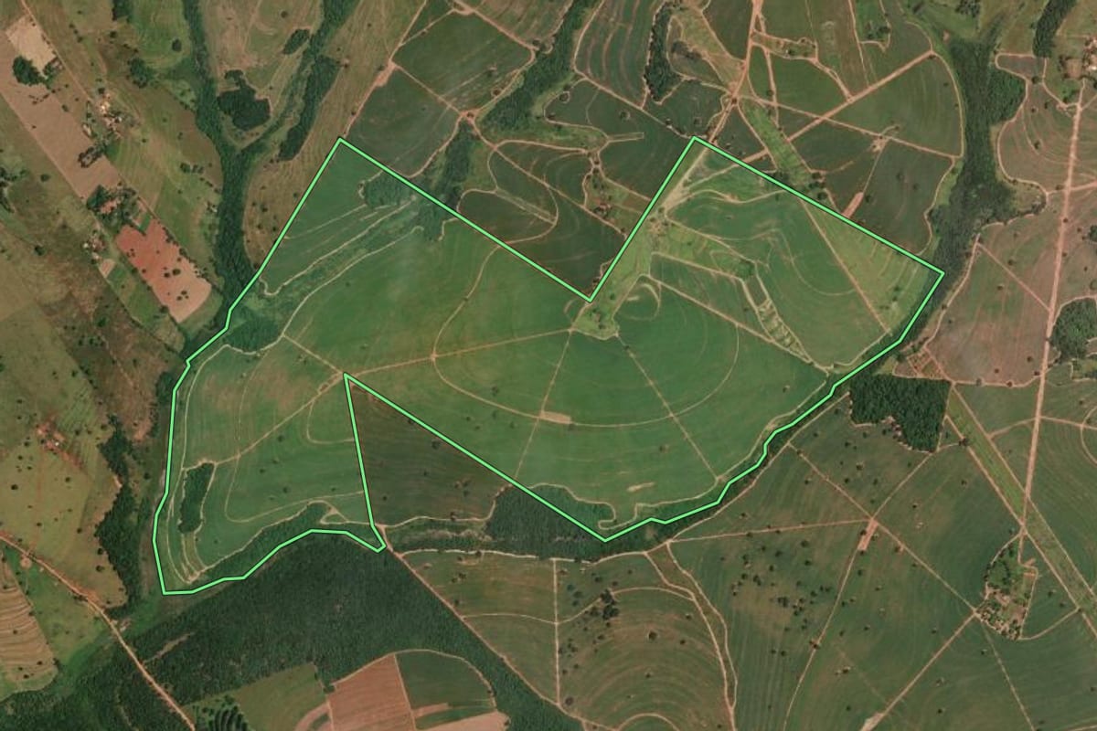 Imagem de satélite do imóvel rural em Valentim Gentil (SP), com o contorno declarado no CAR desenhado por cima.