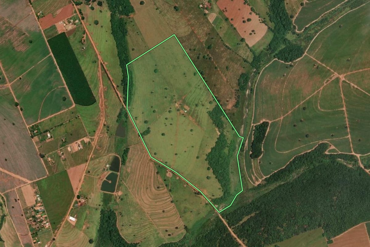 Imagem de satélite do imóvel rural em Valentim Gentil (SP), com o contorno declarado no CAR desenhado por cima.