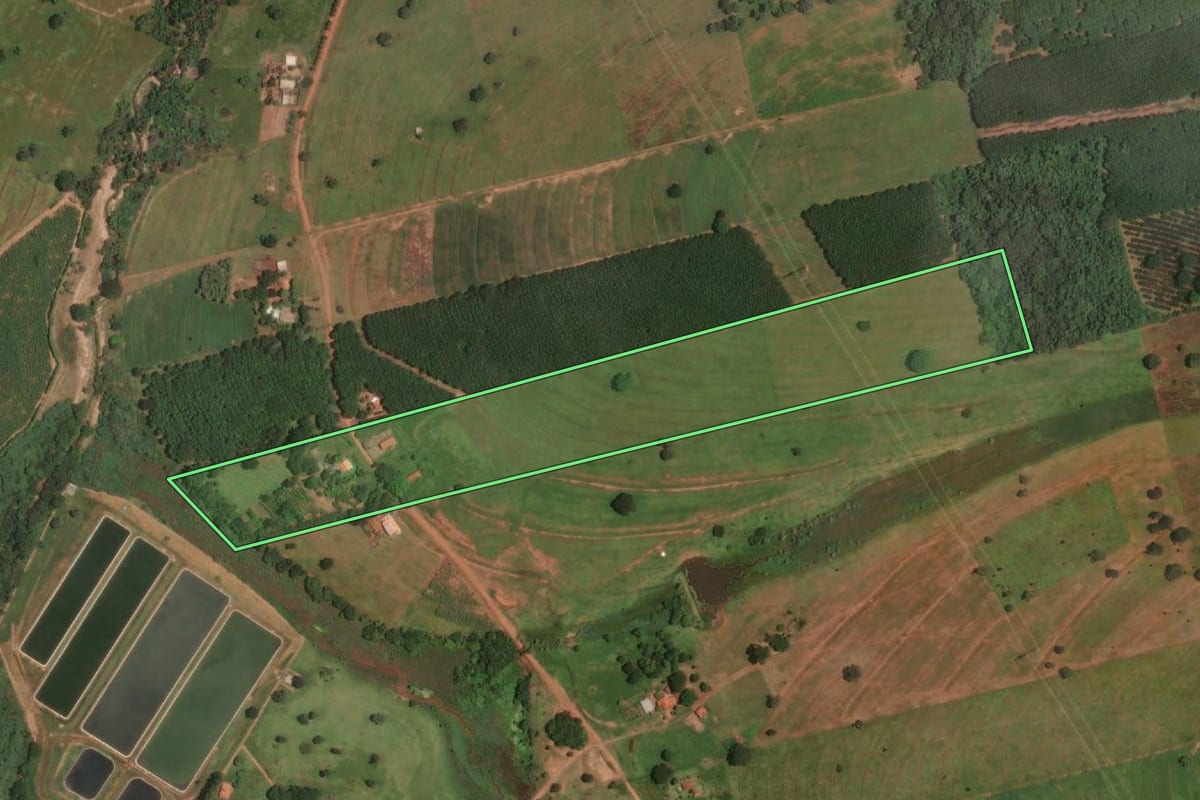 Imagem de satélite do imóvel rural em Valentim Gentil (SP), com o contorno declarado no CAR desenhado por cima.
