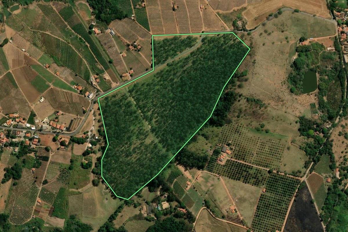 Imagem de satélite do imóvel rural em Valinhos (SP), com o contorno declarado no CAR desenhado por cima.