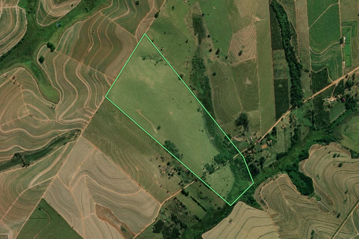 Imagem de satélite do imóvel rural em Valparaíso (SP), com o contorno declarado no CAR desenhado por cima.