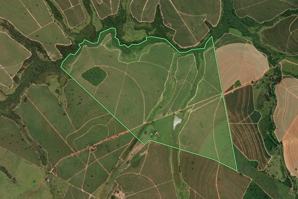 Imagem de satélite do imóvel rural em Valparaíso (SP), com o contorno declarado no CAR desenhado por cima.