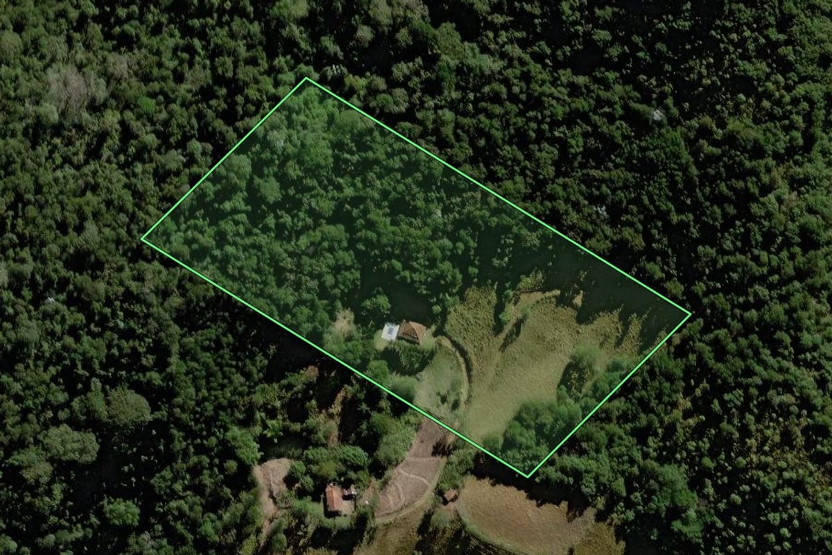 Imagem de satélite do imóvel rural em Vargem (SP), com o contorno declarado no CAR desenhado por cima.