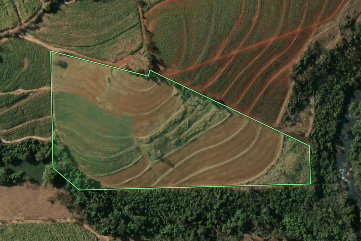 Imagem de satélite do imóvel rural em Vargem Grande do Sul (SP), com o contorno declarado no CAR desenhado por cima.