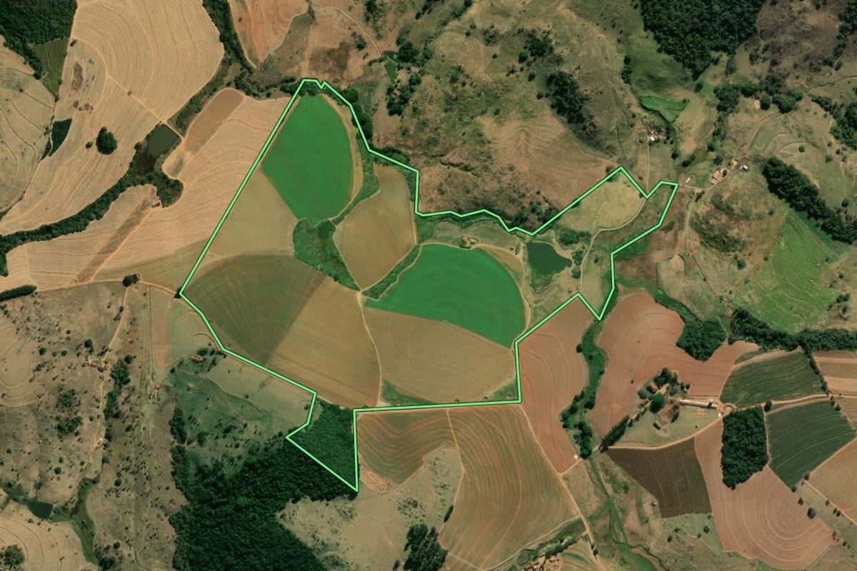 Imagem de satélite do imóvel rural em Vargem Grande do Sul (SP), com o contorno declarado no CAR desenhado por cima.