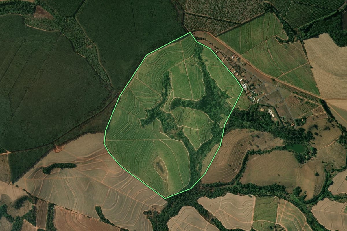 Imagem de satélite do imóvel rural em Vargem Grande do Sul (SP), com o contorno declarado no CAR desenhado por cima.