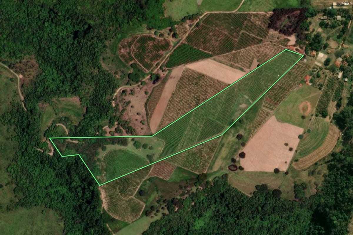 Imagem de satélite do imóvel rural em Vera Cruz (SP), com o contorno declarado no CAR desenhado por cima.