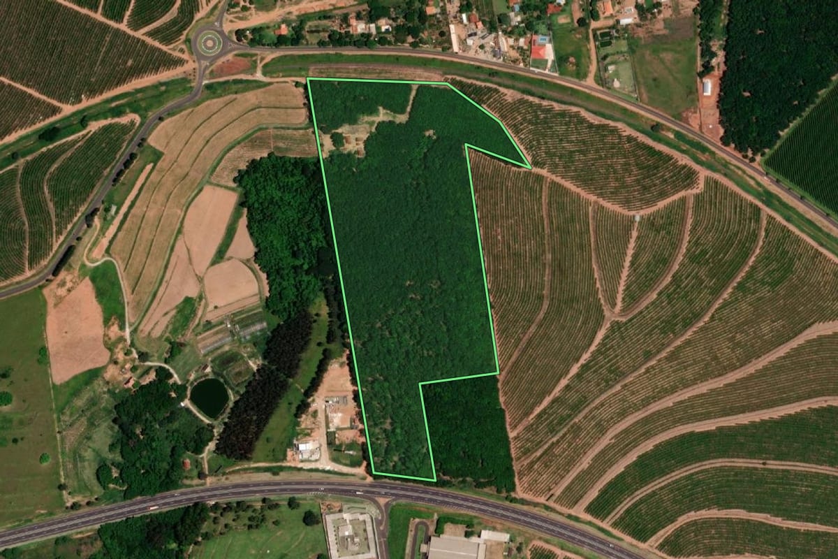 Imagem de satélite do imóvel rural em Vera Cruz (SP), com o contorno declarado no CAR desenhado por cima.