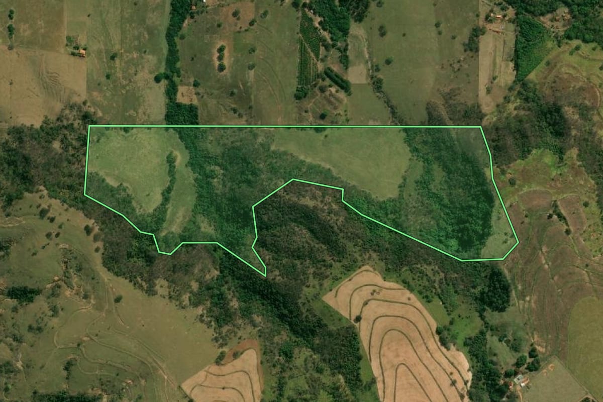 Imagem de satélite do imóvel rural em Vera Cruz (SP), com o contorno declarado no CAR desenhado por cima.