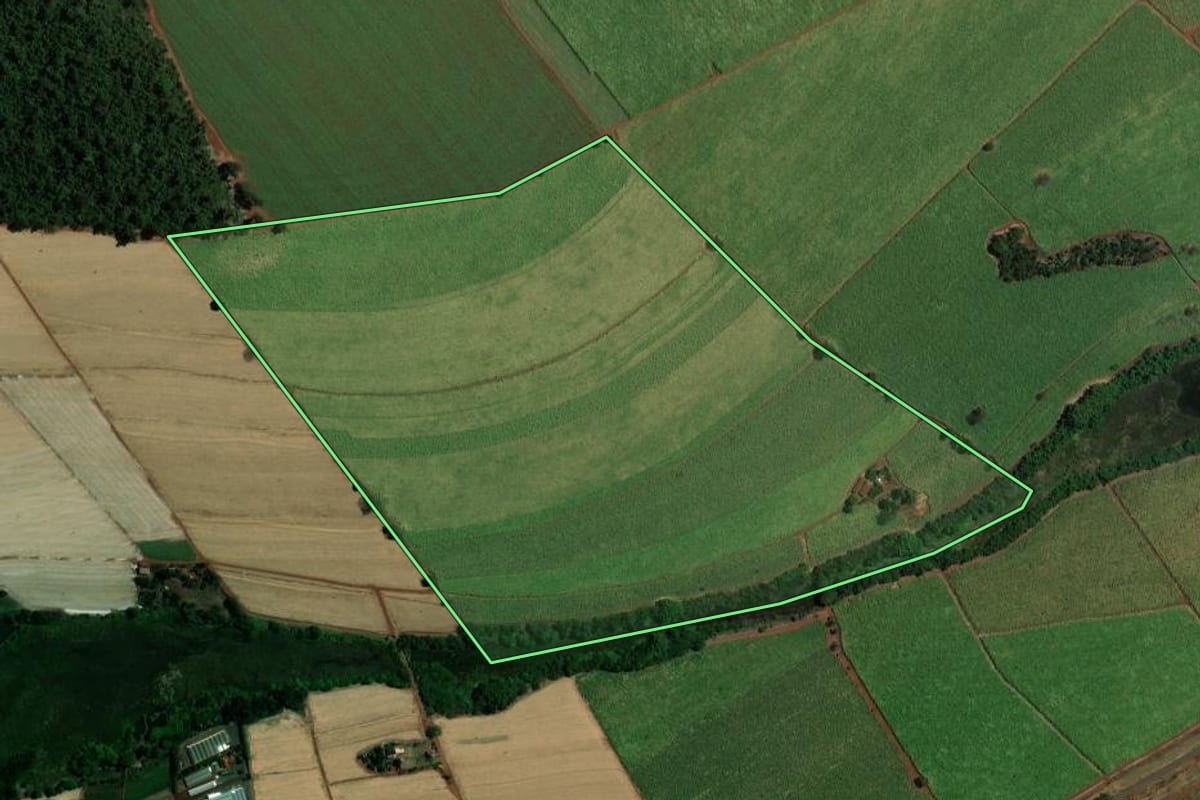 Imagem de satélite do imóvel rural em Viradouro (SP), com o contorno declarado no CAR desenhado por cima.
