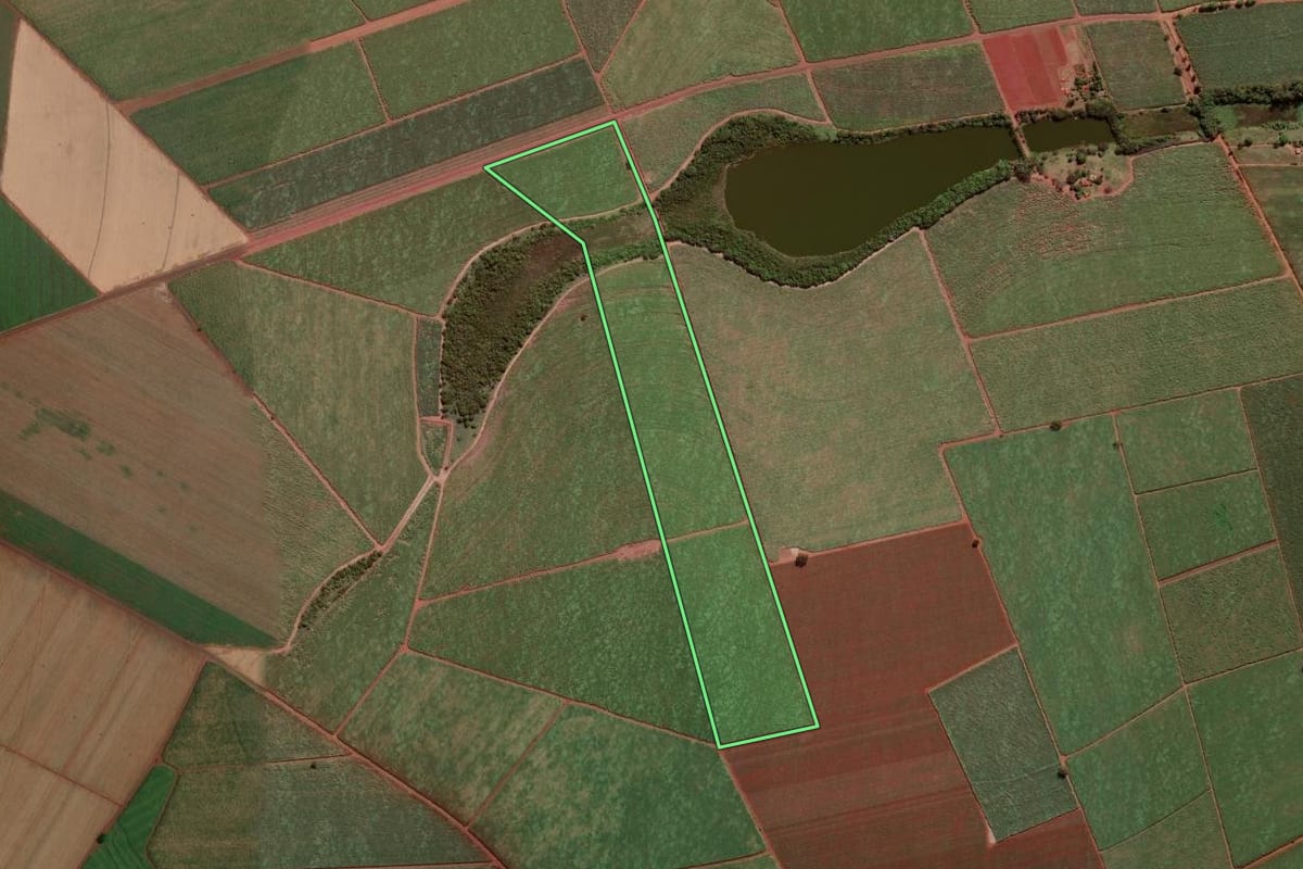 Imagem de satélite do imóvel rural em Viradouro (SP), com o contorno declarado no CAR desenhado por cima.