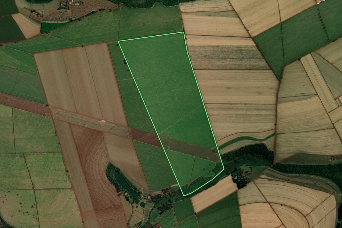 Imagem de satélite do imóvel rural em Viradouro (SP), com o contorno declarado no CAR desenhado por cima.