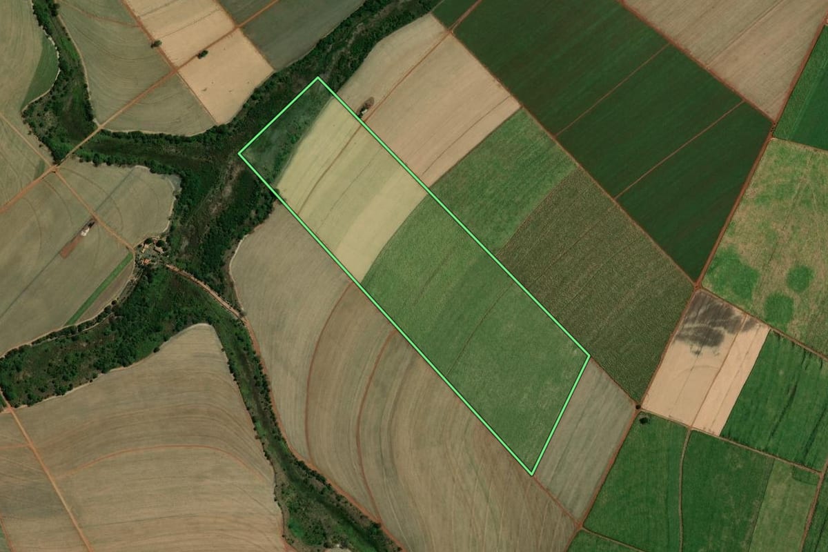 Imagem de satélite do imóvel rural em Viradouro (SP), com o contorno declarado no CAR desenhado por cima.