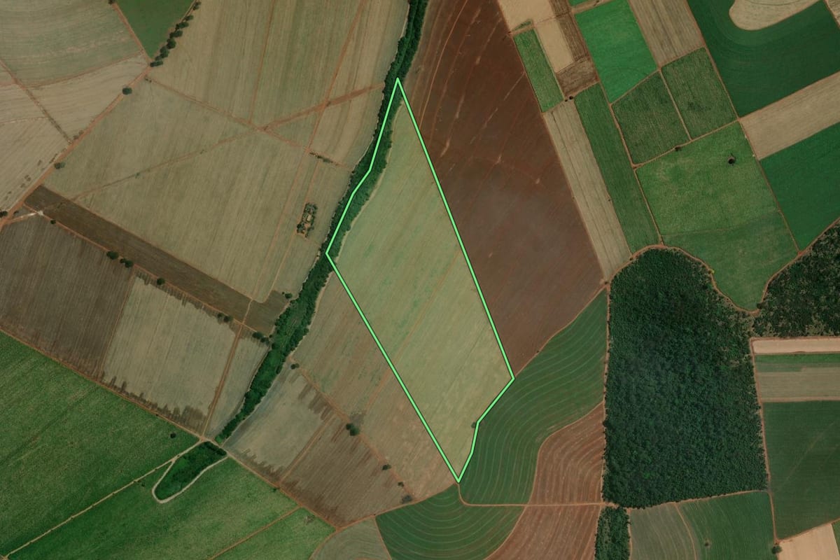 Imagem de satélite do imóvel rural em Viradouro (SP), com o contorno declarado no CAR desenhado por cima.