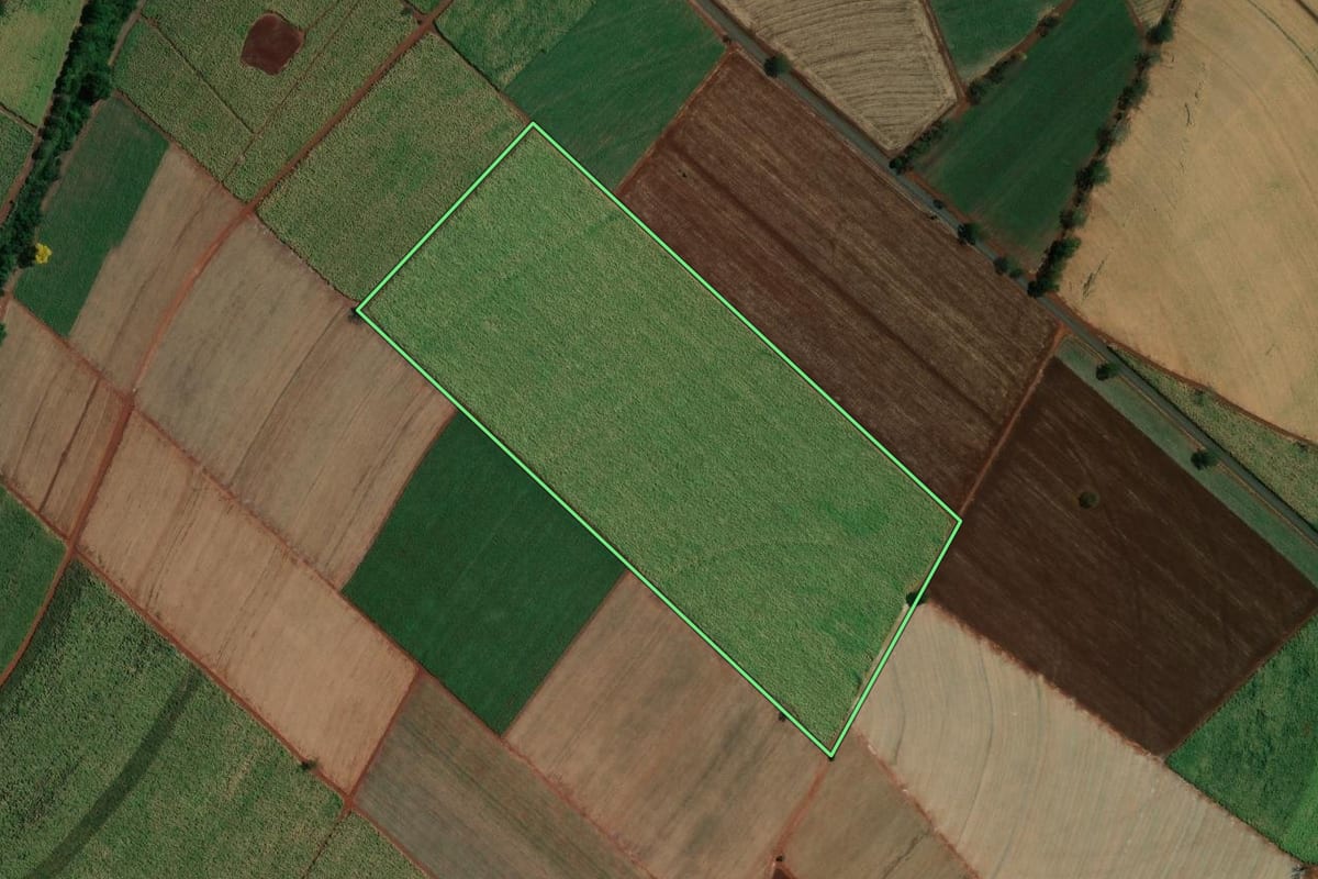 Imagem de satélite do imóvel rural em Viradouro (SP), com o contorno declarado no CAR desenhado por cima.
