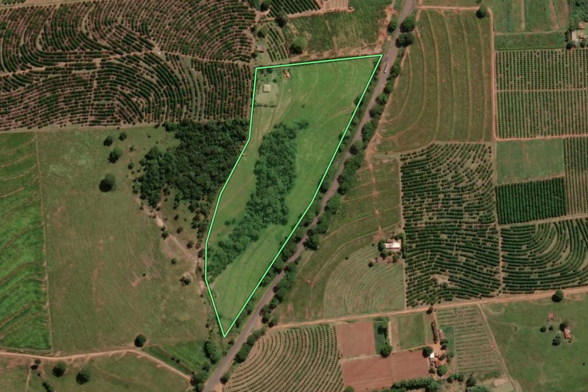 Imagem de satélite do imóvel rural em Vitória Brasil (SP), com o contorno declarado no CAR desenhado por cima.